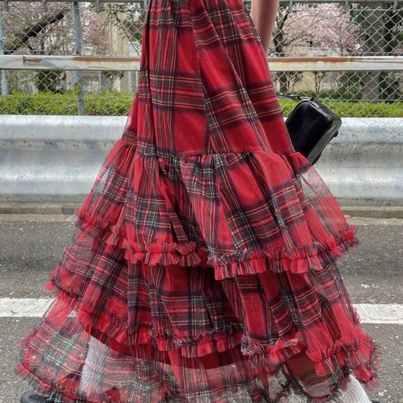 Red Casual Women's Christmas Plaid Ruffle Mesh High Waist Skirt - Picture 2 of 6